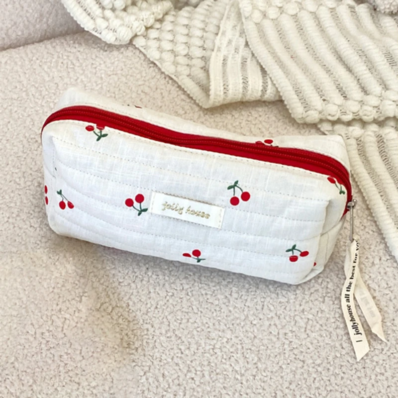 Quilted Cotton Ladies Travel Storage Bag Retro Cherry Women\'s Cosmetic Bags Cute Design Girls Pencil Case Makeup Bag Handbags