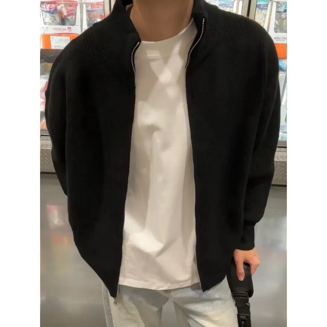 

ay High Collar Open Cardigan Sweater Men's Sle Autumn Inner Jaet American Knitwear Outerwear Casual Loose Fit Long Sve