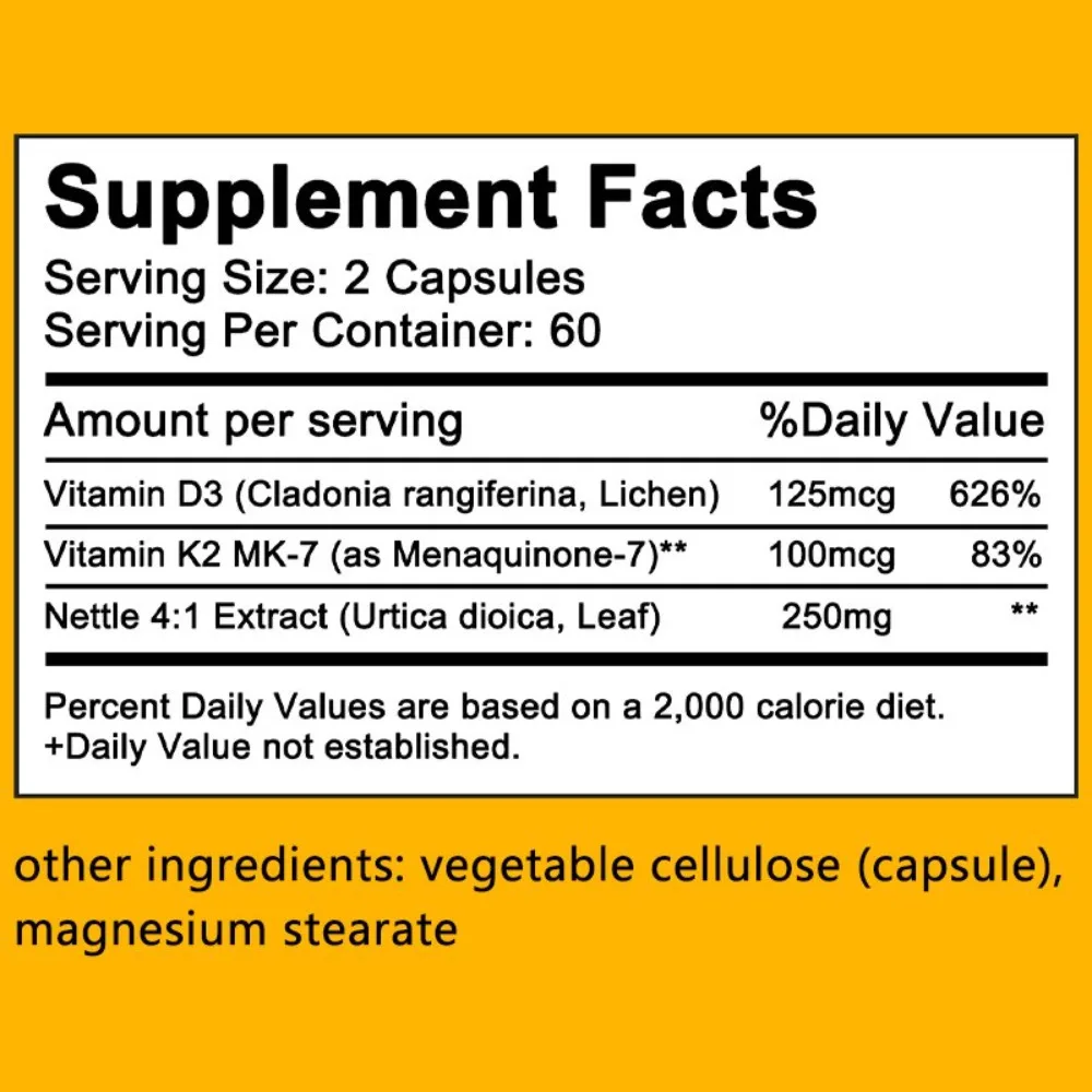 Vitamin D3 K2 with Nettle Leaf - Heart and Arterial Health, Strong Bones and Teeth, Immune and Mood Support