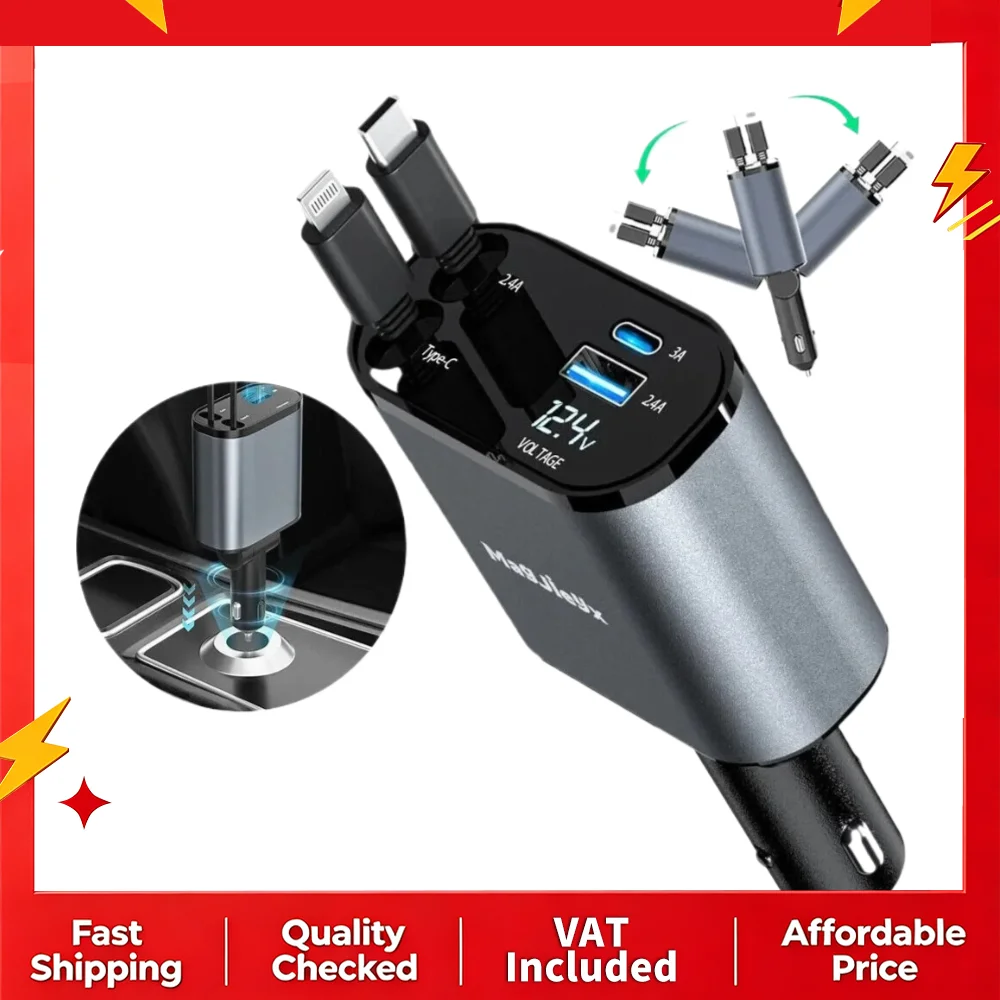 120W Autoladegerät mit Einziehbarem Kabel, 4-in-1 USB-C Schnellladung PD QC3.0 für iPhone 15/14/13 Samsung Galaxy, 180° °   Drehbarer Zigarettenanzünder-Adapter mit Typ-C-Lightning-Kabel