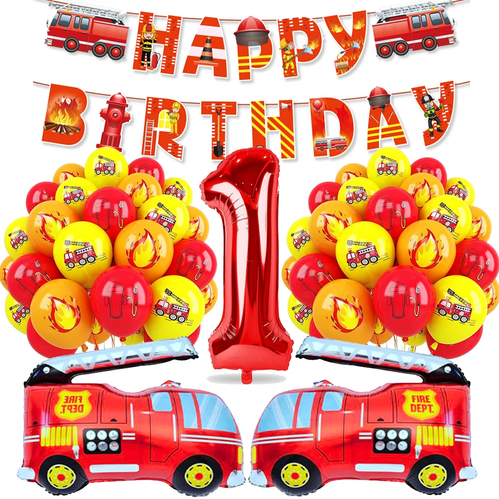 Fire Truck Birthday Decoration Fire Engine Foil Balloon Firetruck Latex Balls Happy Sign Banner Kids Boys Fireman Party Supplies