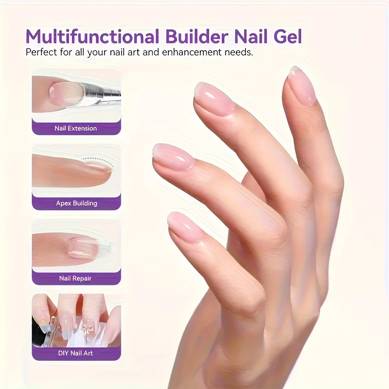 3-in-1 Transparent Building Fiber Rubber Base Gel - LED Light Curing Quick Build Polish,for Broken Nails, Fiberglass & Extension