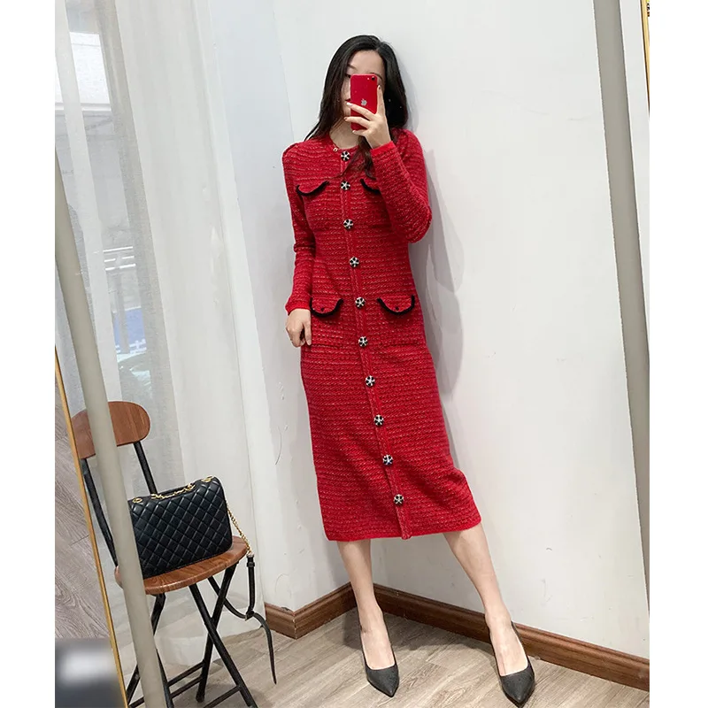 High Quality Autumn Winter Red Knitted Dress Elegant Lady Mid-long Party Gown Dress Diamonds Single-breasted Slim One Step Dress