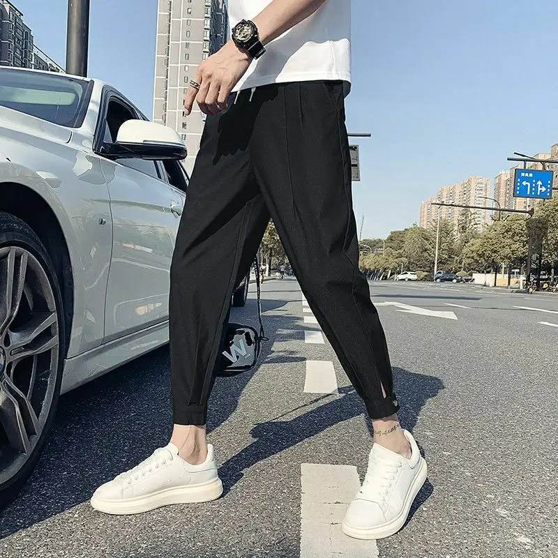 Summer Elegant Fashion Harajuku Slim Fit Ropa Hombre Loose Casual All Match Cropped Pants Solid Pockets Cotton Wide Leg Pants