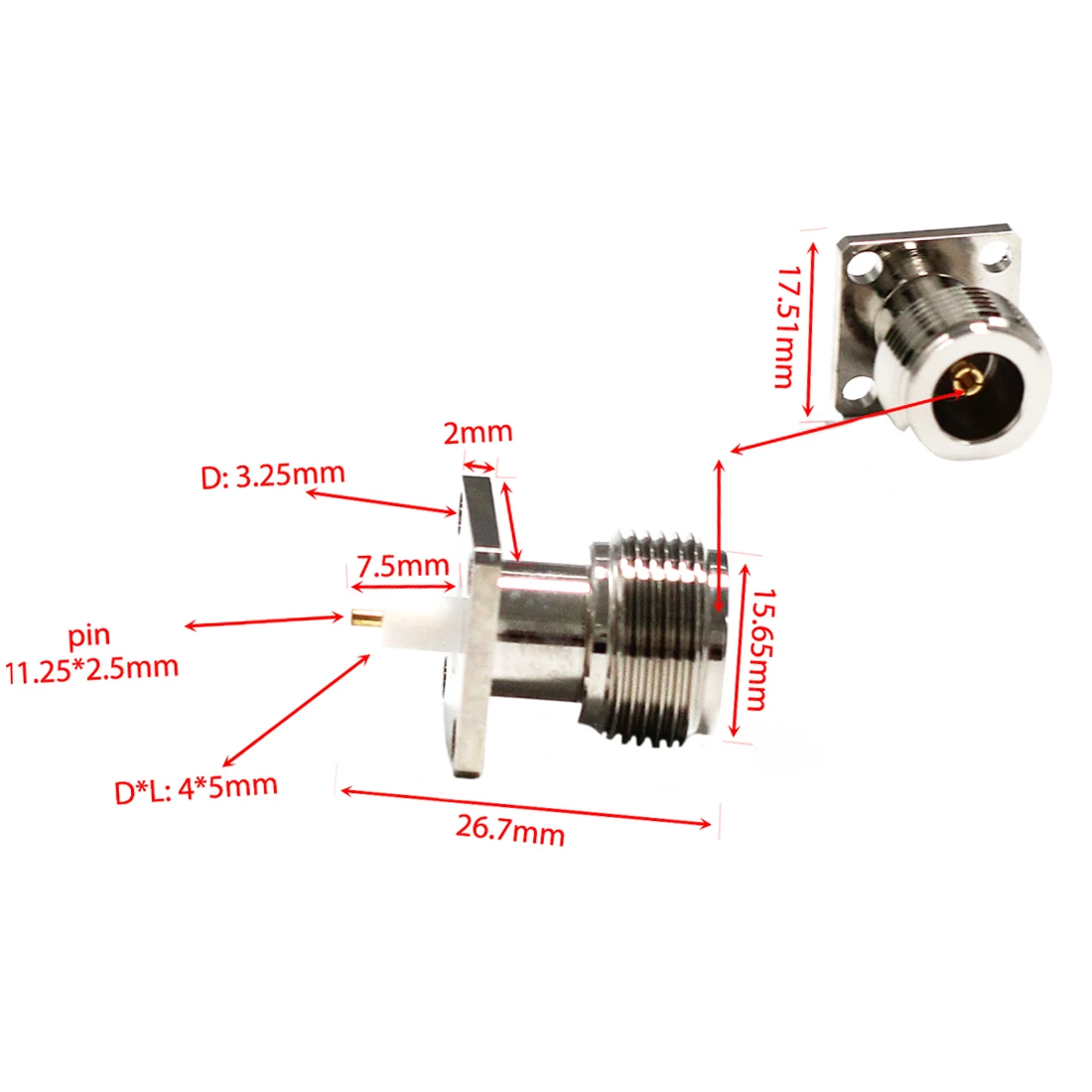 1pc  N  Female Jack  RF Coax Connector  4-hole Flange Solder Post  Straight Insulator Long 4mm  Nickelplated  NEW Wholesale