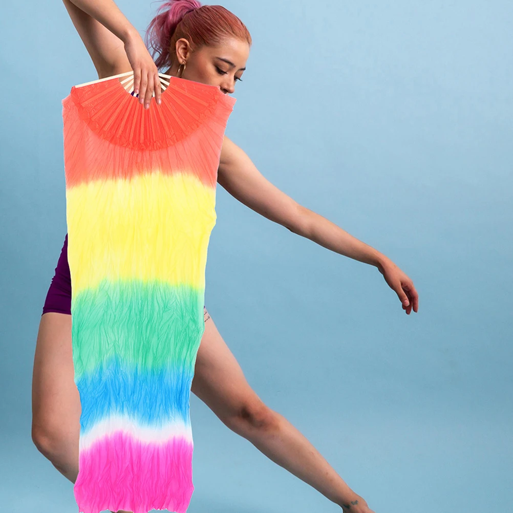 

Long Silk Dance Fans Vibrant Gradient Colors Durable Folding Veil Prop for Kids Stage Show
