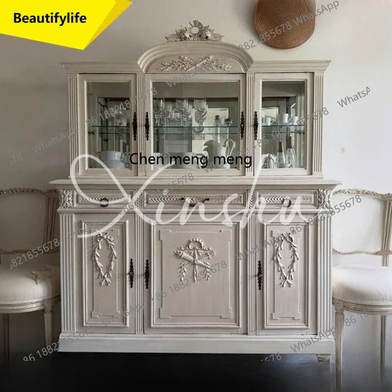 

Q181 White Carved Sideboard Wall-Mounted Storage Cabinet American Style Dining Room Tea Cabinet Small Apartment Solid Wood Shelf