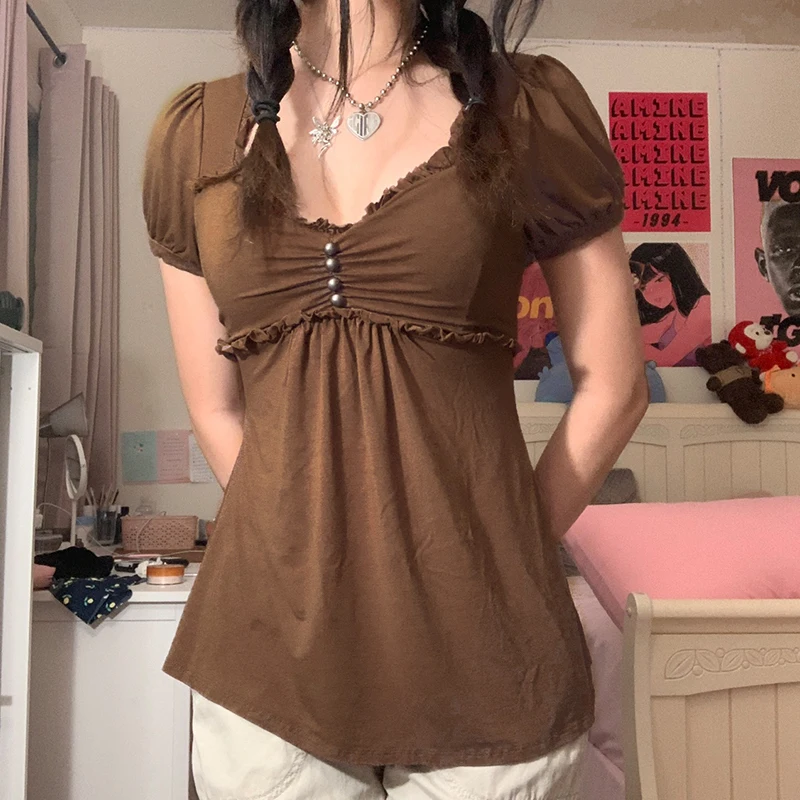 

Винтажная эстетичная женская футболка, элегантные женские топы с коротким рукавом и v-образным вырезом, летняя одежда в стиле Лолиты, каваи, гранж