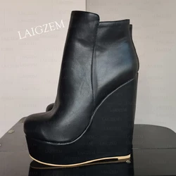 LAIGZEM Women Ankle Boots Platform Round Toe Side Zip Up Short Boots Height Increase Ladies Shoes Woman Big Size 39 43 45 48