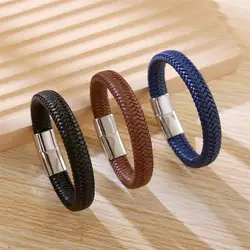 Jiayiqi Punk Men Jewelry Black/Brown Braided Leather Bracelet Stainless Steel Magnetic Clasp Fashion Bangles Gift Dropshipping