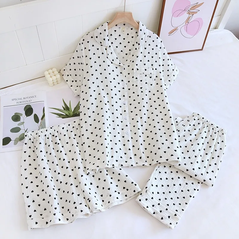 New spring and summer women\'s pajamas three-piece set short sleeves + shorts + trousers 100%cotton gauze love print homewear set