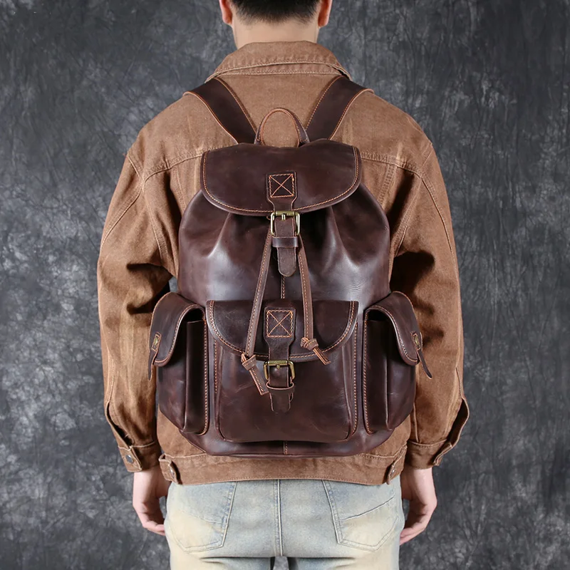 Vintage Top Layer Rindsleder Rucksack Herren Leder Rucksack verrückte Pferde tasche Computer Tasche Unisex Trend Mode Reise rucksack