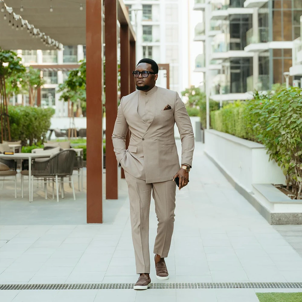 

Casual Men's Suits 2 Pieces with Long Sleeve Collarless One Button Outfits Blazer for Man Office Work Jacket+Pants Customized