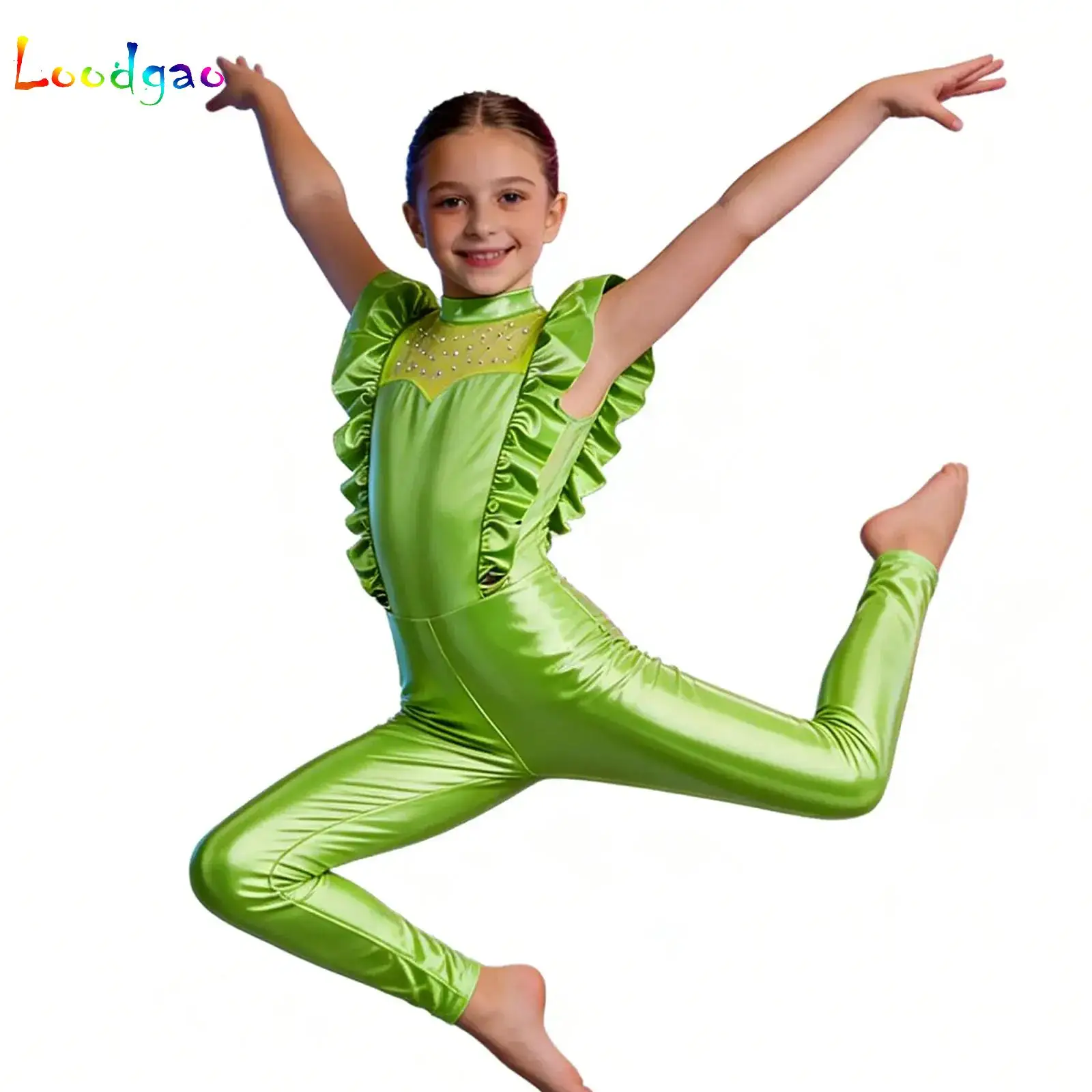 Kids Girls Outerspace Astronaut Alien Robot Cosplay Costume Metallic Ruffled Fly Sleeve Tutu Unitard Jumpsuit for Carnival