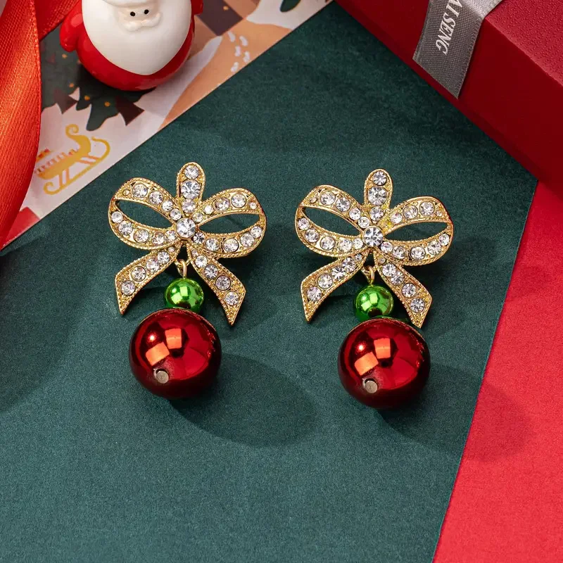 

Sparkling Rhinestone Bow Stud Earrings For Women Red Bowknot Gingerbread Man Snowflake Tassel Earring Christmas Charm Jewelry
