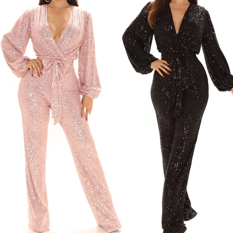 Two Piece Sets Women Sequined V Neck Jumpsuits Long Sleeve High Waist Bodycon Shinny Elegant Party Club Loose Sexy Rompers