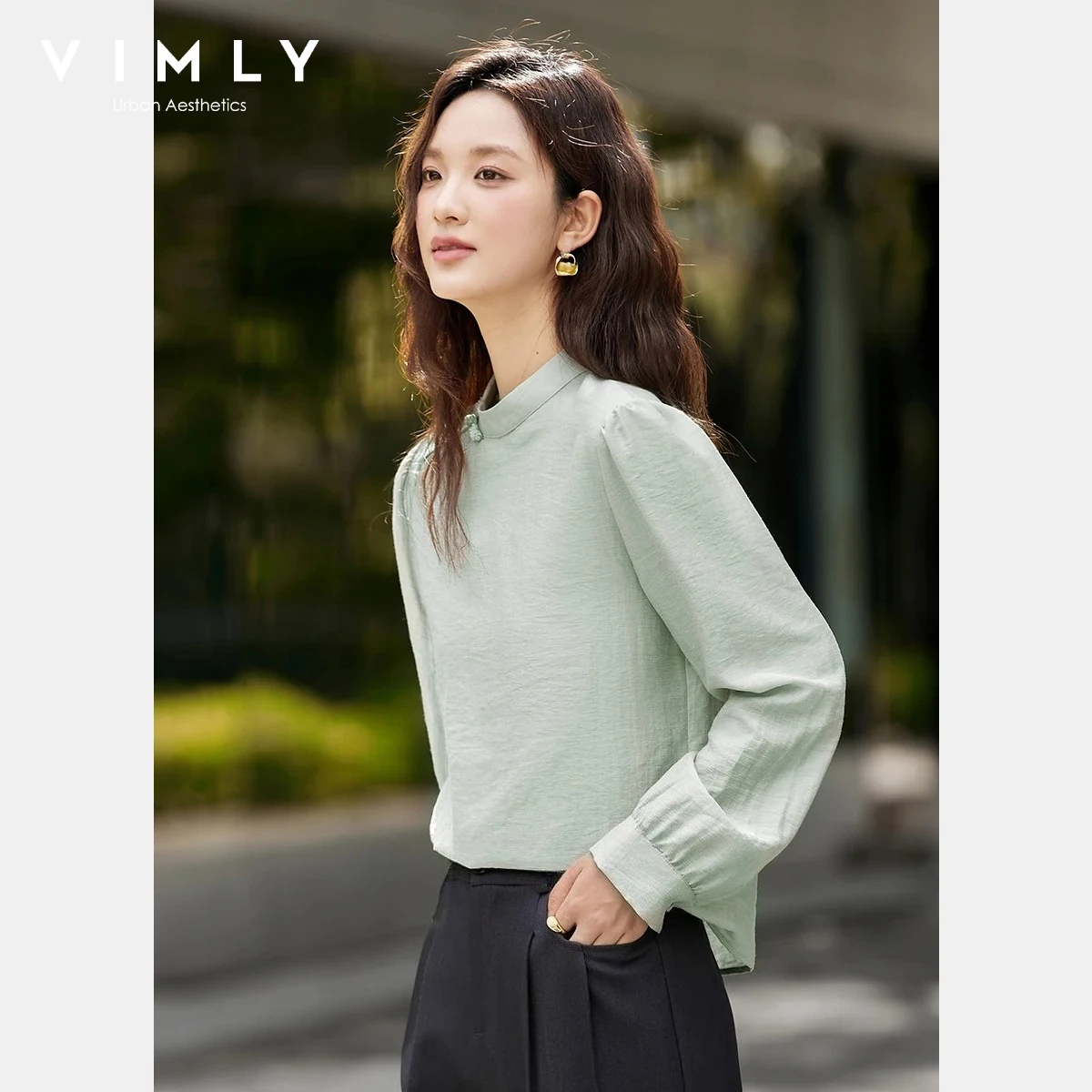 

Vimly Women's Chiffon Shirt Autumn 2025 New Chinese Style Stand Collar Blouse Elegant Temperament Female Pullover Top A2935