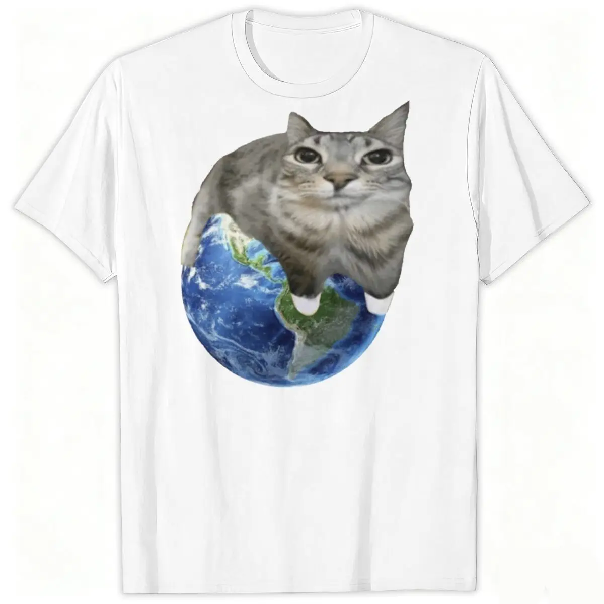 Earth Cat Meme Graphic Cute Kitten Pet Fun Personalized Creative Tee for Men Women, Versatile Layerable Short Sleeve T-Shirt