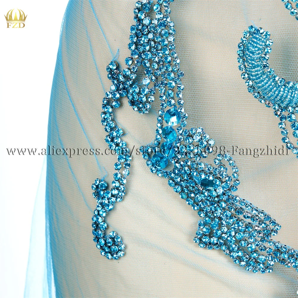 FZD 1 Pcs Cyan Rhinestone Bodice Applique Crystal Applique Crystal Bodice Applique for Wedding Dress Handmade Embroidery Iron On