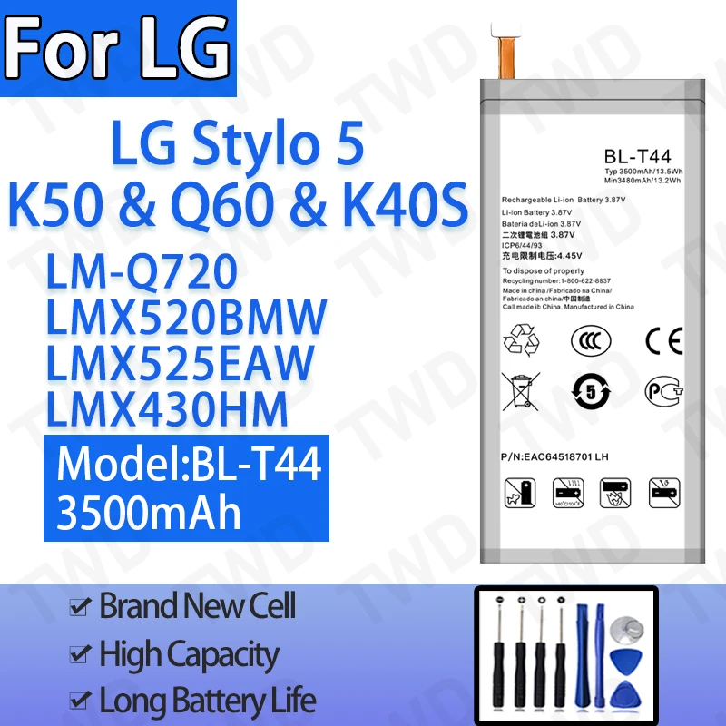 BL-T44 Large capacity 3500mAh Battery For LG Stylo 5/K50/Q60/K40S Batteries New High Quanlity+Free Tools