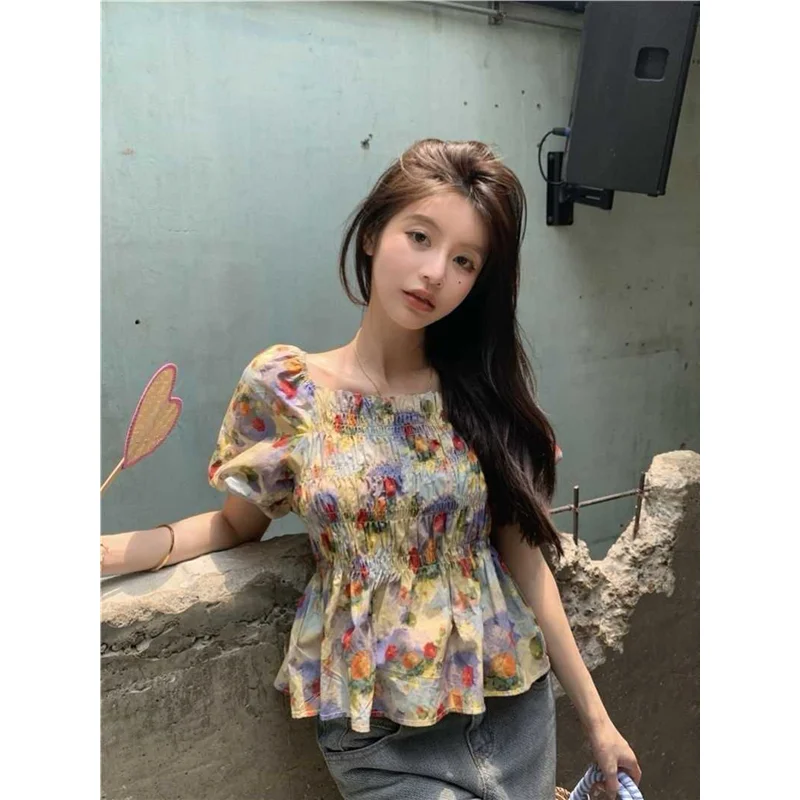 Ele Floral Print Bubble Sve ort Sve irt Women's Faion Design Slimming Waist Square Collar Chinese Sle Top