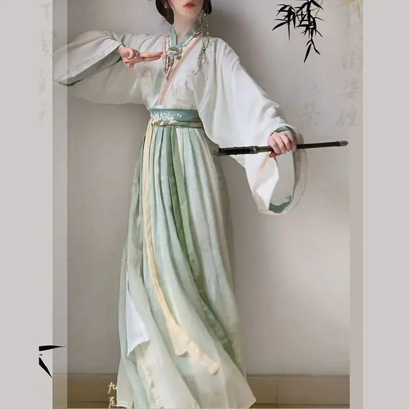 중국 위진 스타일 데일리 한푸 세트, 절묘한 꽃 자수 그라데이션 거즈 원피스 기질 허리 조임 원피스, 2024 신제품