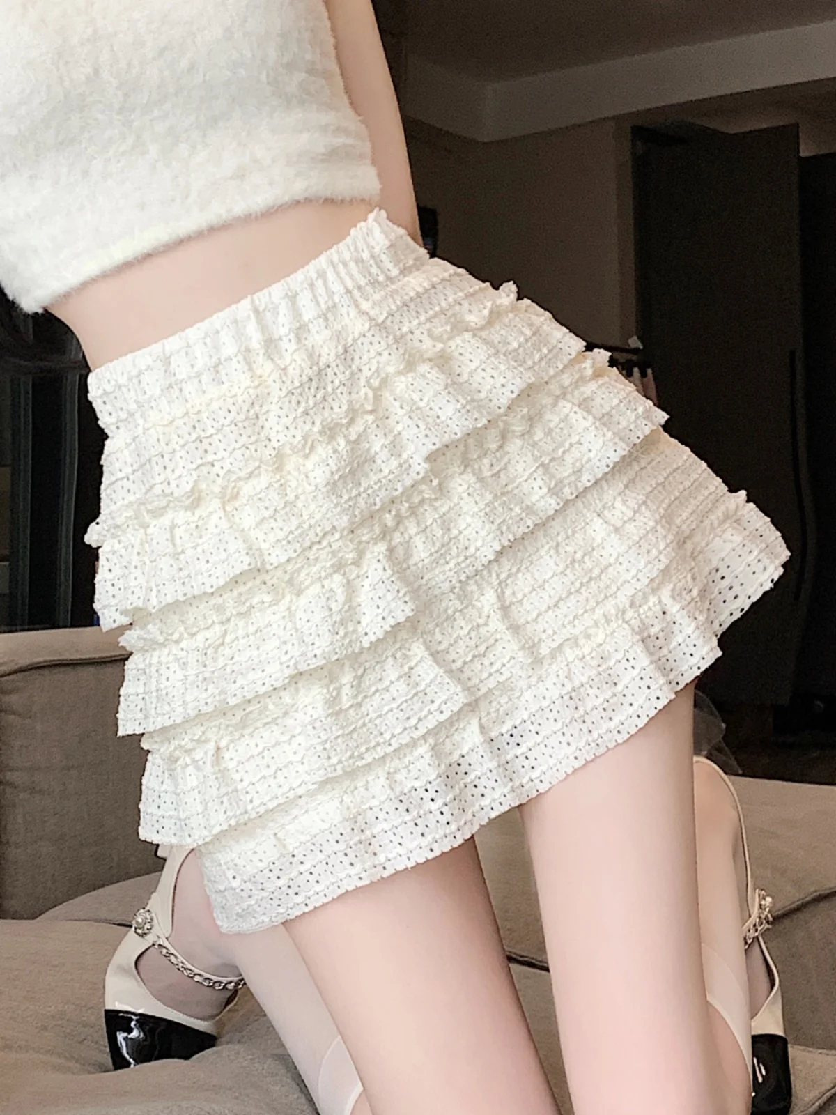 

Off white fluffy ballet cake skirt for women's summer layered short skirt, small stature, high waist, slim A-line hollow skirt