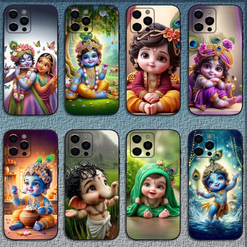 Indian God Lord Krishna Phone Case For iPhone 16,15,14,13,12,11,Pro,X,XS,Max,XR,Plus,Mini Soft Black Cover