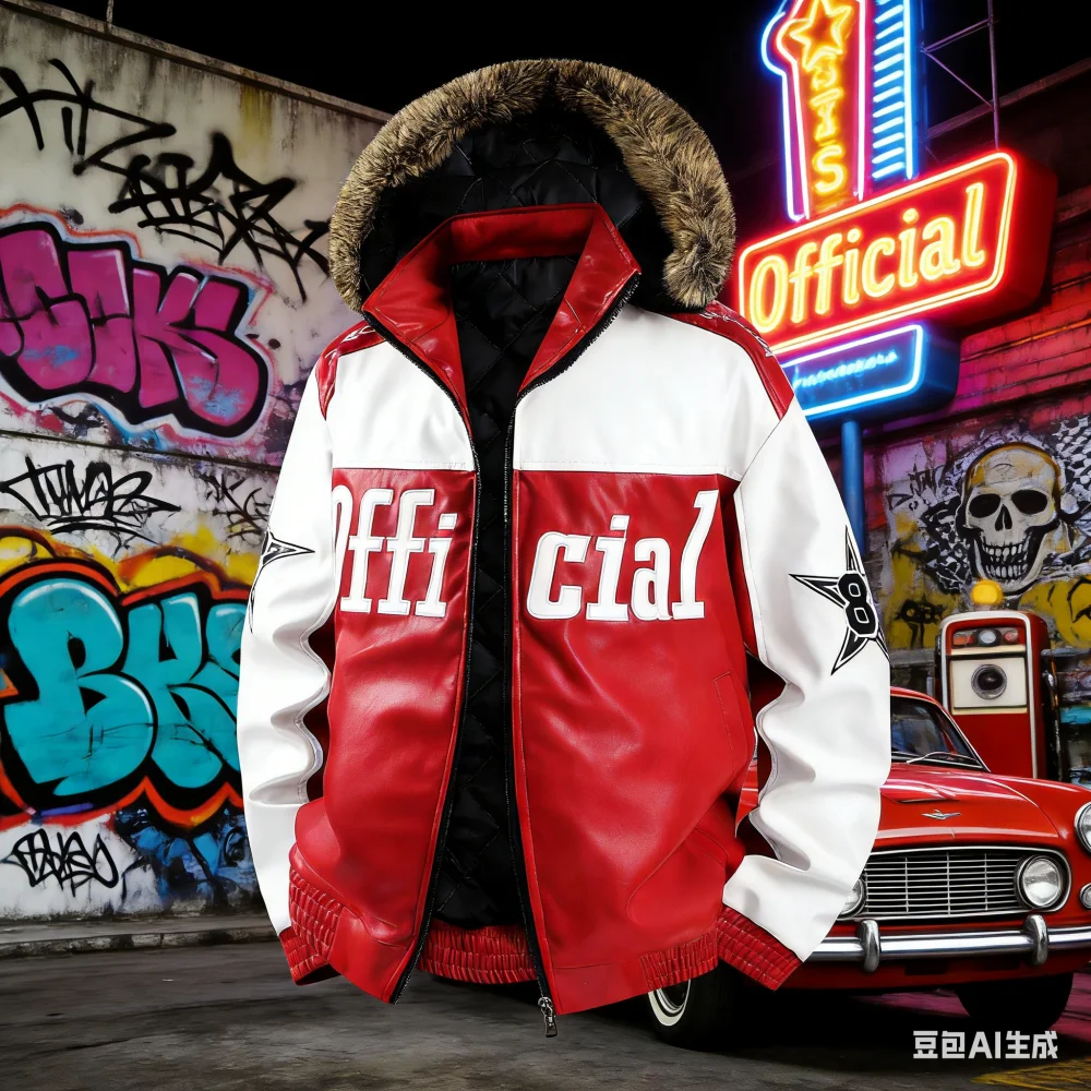 Down collar winter and autumn cotton-padded coat with contrasting color patchwork American-style embroidery hood, suitable for
