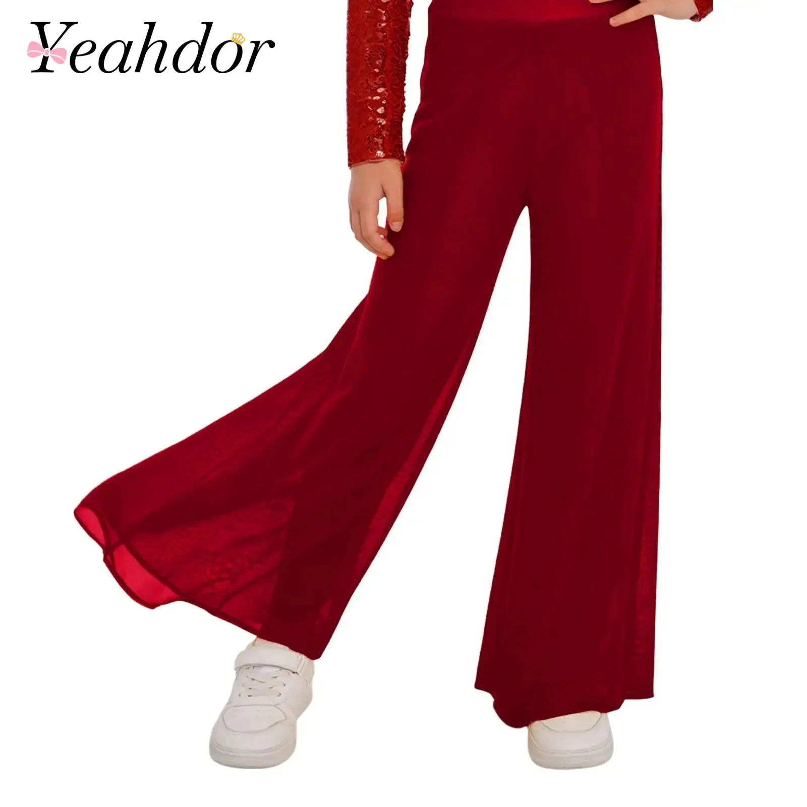 

Kids Girls Mesh Pants Worship Trousers Modern Lyrical Dance Costume Elegant Wide-Leg Celebration of Spirit Performance Dancewear