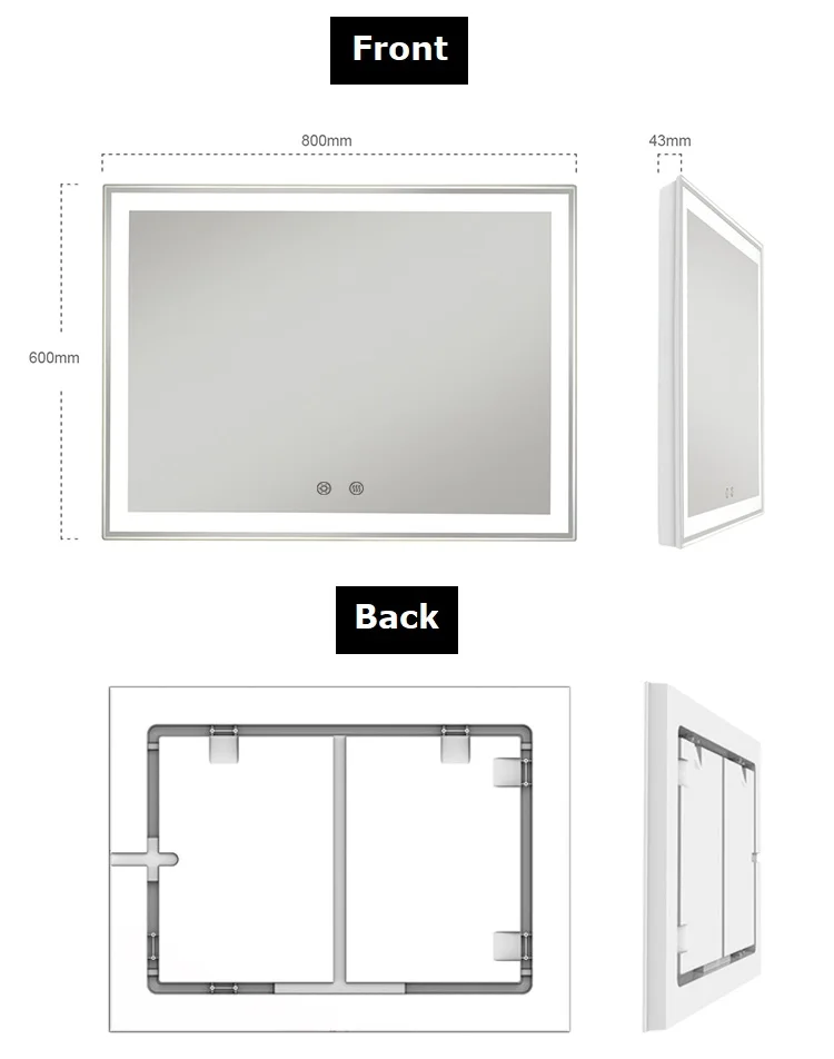 Modern LED bathroom mirror with anti-fog & dimmable lighting IP65 waterproof vanity mirror for EU market 80x60cm wall mirror