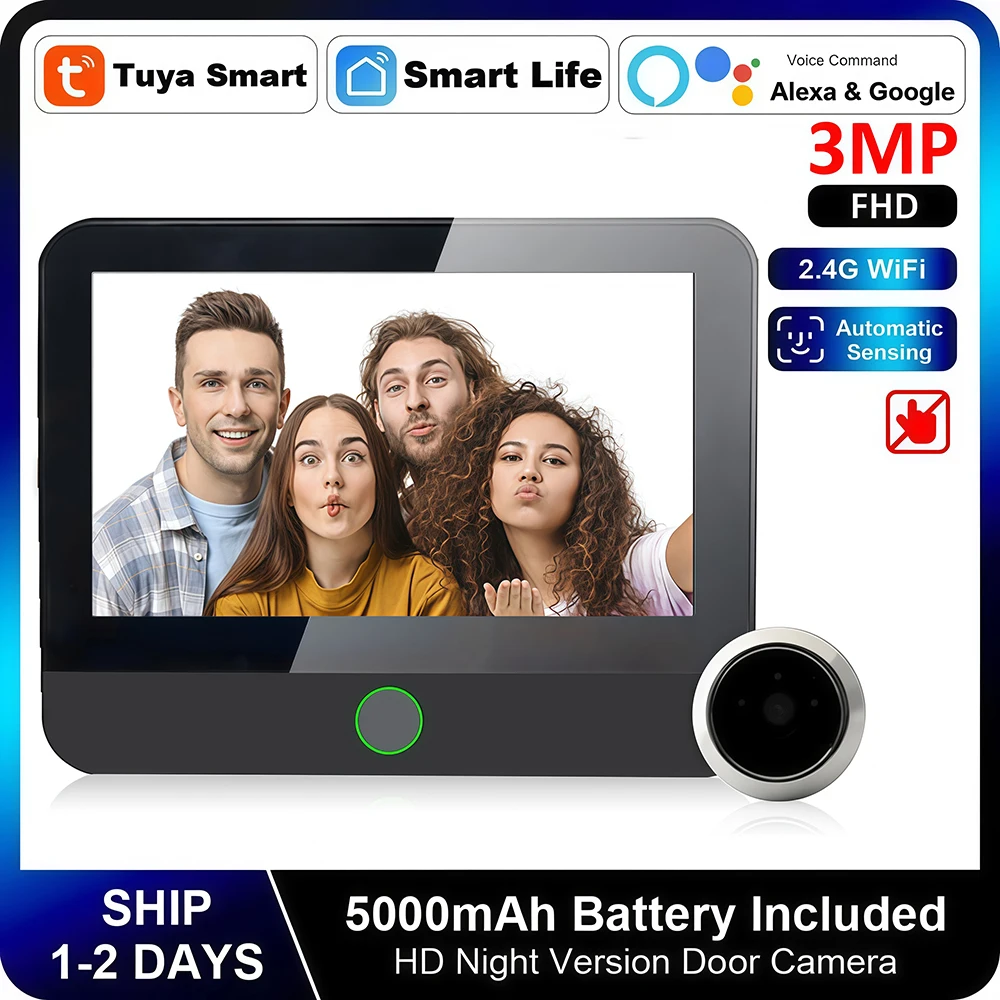4.3 Inch Tuya Wide Angle Door Peephole Camera One Way Intercom Video Eye Motion Detection Wifi Doorbell Camera 5000mAh Battery