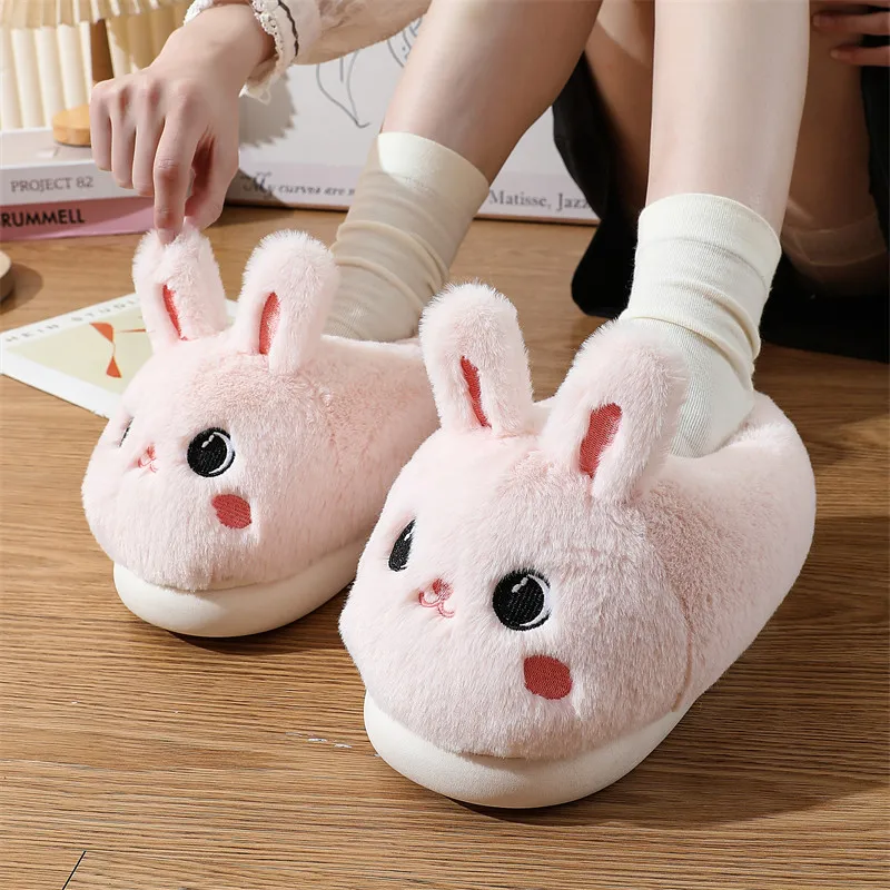 Pink Rabbit Womens Slipper Winter Loafer Girls Funny Animal Cartoon Cotton Shoes Ladies Fur Slides Plush Platform Home Slippers