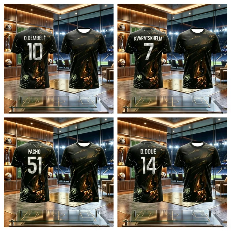 Camiseta de Fútbol PSG, Jersey de Fútbol Negro con Estampado Líquido Dorado, Transpirable, de Secado Rápido, para Entrenamiento, Deporte, para Hombre y Mujer