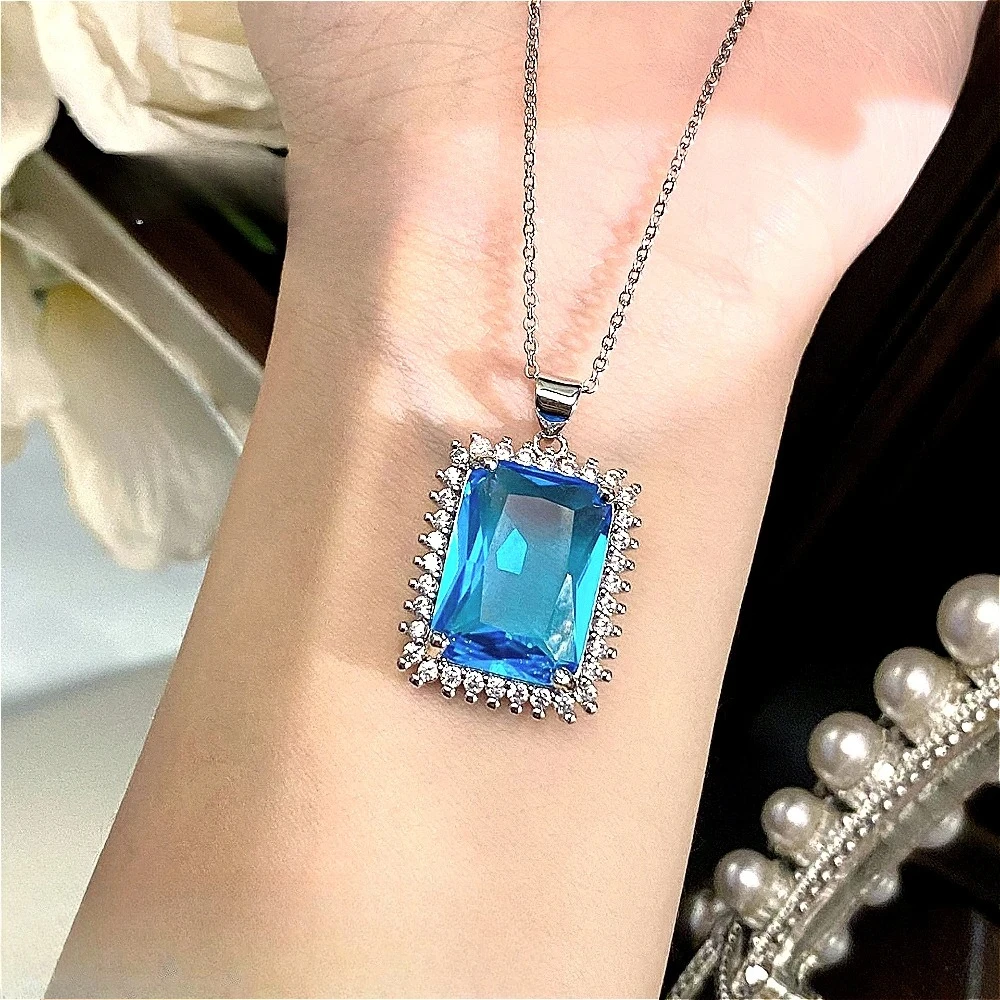 Exquisite 925 sterling silver sapphire pendant necklace, aquamarine crystal necklace, large square blue crystal pendant