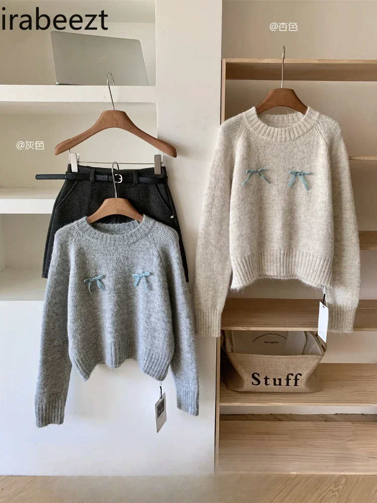 Sweet Age-reducing Removable Decorative Bow Slimming Round Neck Sweater Autumn New Soft Waxy Casacos De Inverno Feminino