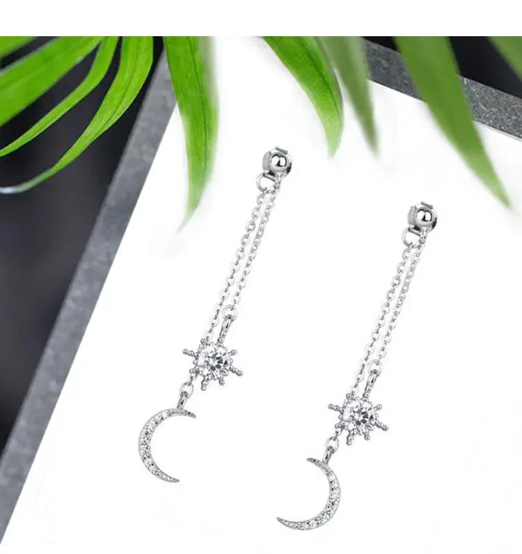 Hot Fashion 925 Sterling Silver Crystal Star Moon long Earrings for Women Girls Gift Fashion Statement Jewelry