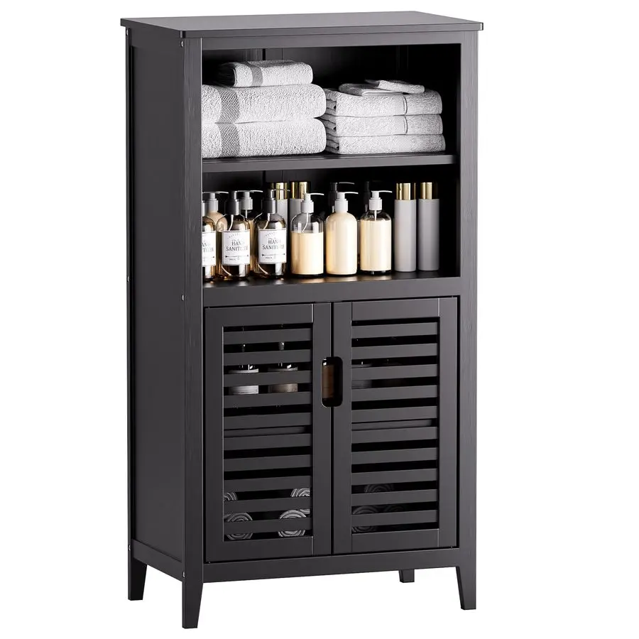 

Черный шкаф для хранения в ванной комнате, отдельно стоящий бамбуковый напольный шкаф, 5-уровневый высокий кухонный шкаф с дверцами и съемными полками