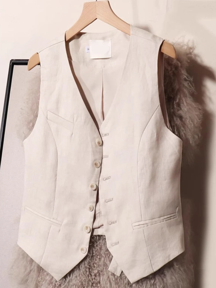 

Summer Thin Linen V-Ne Suit Jaet Casual Simple Slimming Svel Vest Ele Single Button Top Women's Faion