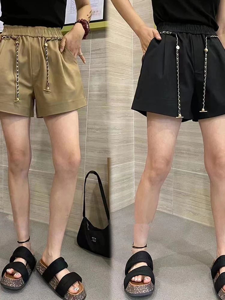 

Women Summer Casual Shorts High Waist Fashion Chain Wide Leg Shorts Loose Solid Color Elastic Waist High Street Female Hotpants