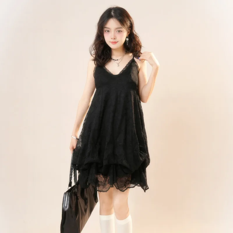 Sleeveless Lolita Vintage Mini Dress Lace Black Gothic Party Dress Pleated Japanese Y2k Dress V-neck Camisole Summer Dress Girls