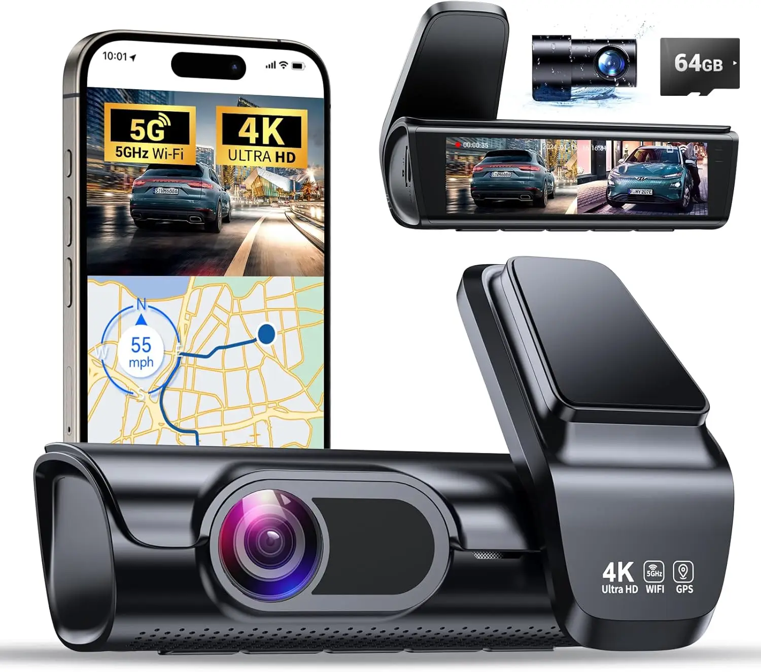 K600 4k Dash Cam Front and Rear, 3.59" IPS Screen, Built-in GPS 5G WiFi Dash Camera for Cars with App, UHD 2160P Night Vision Fr