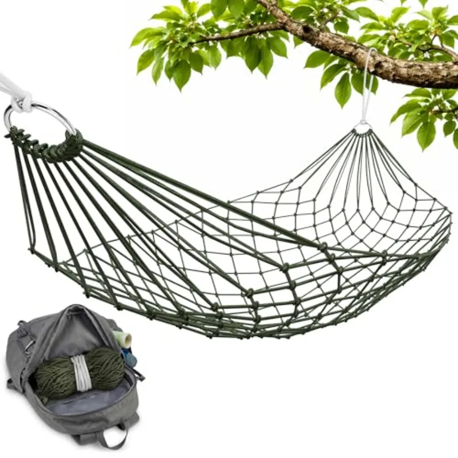 

Mesh Hammock - Easy to Set Up Rope Hammocks for Outside, Dark Green Color, 90x31.5 Nylon Net Hammock, Max 100 KG 220 Pounds,Tre