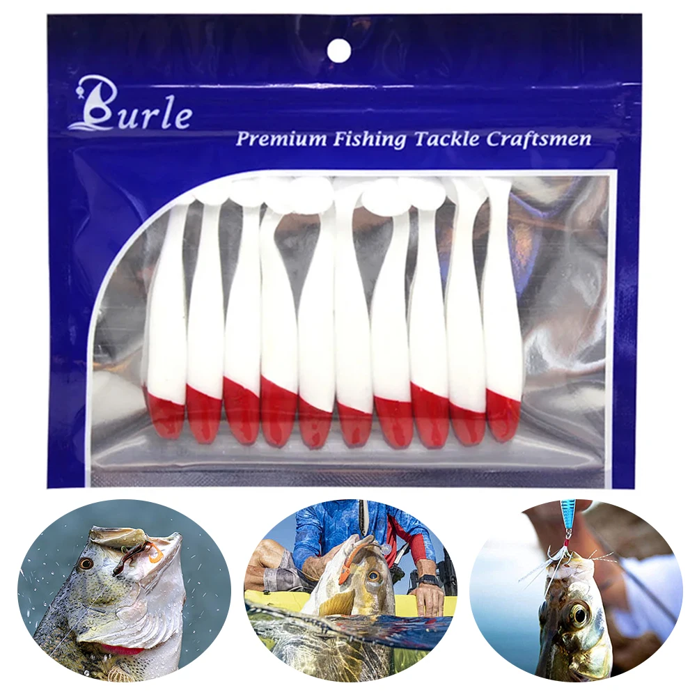 50-10PC Simulation Paddle Tail Bait 5.5/6.3/7cm Artificial Worm Swimbait PVC Red Head White Body T Tail Bait Fishing Accessories