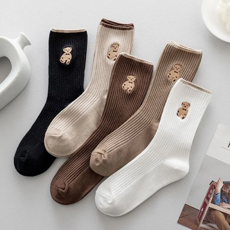 Bear Embroidery Socks Cute Funny Women Socks Japanese Solid Color Spring And Autumn Fashion Popular Socks For Girls