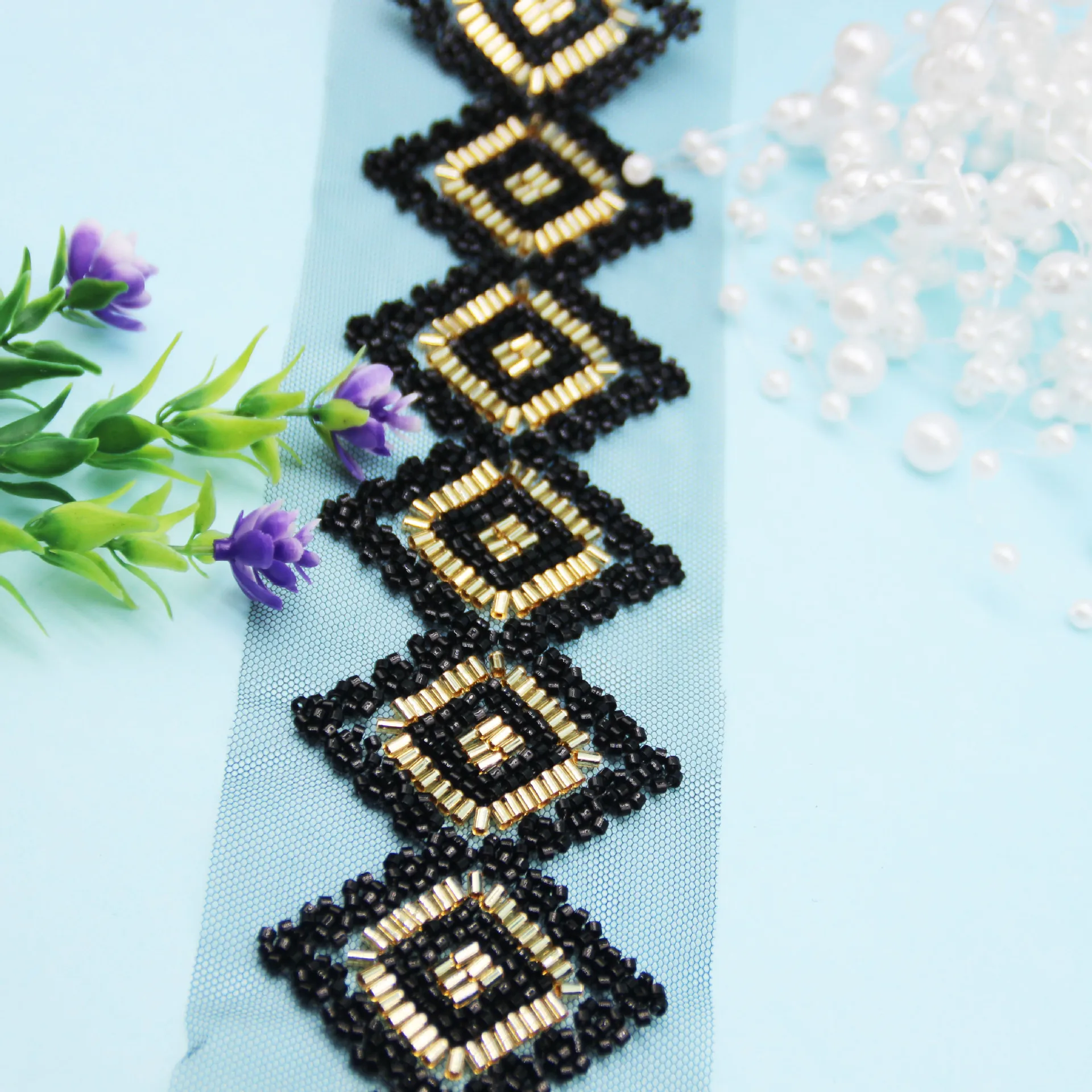 Gold Fashionable Lace Trim with Glass Beads for DIY Beaded Ribbon Waist Chain Skirt Hem Ethnic Clothing Accessories