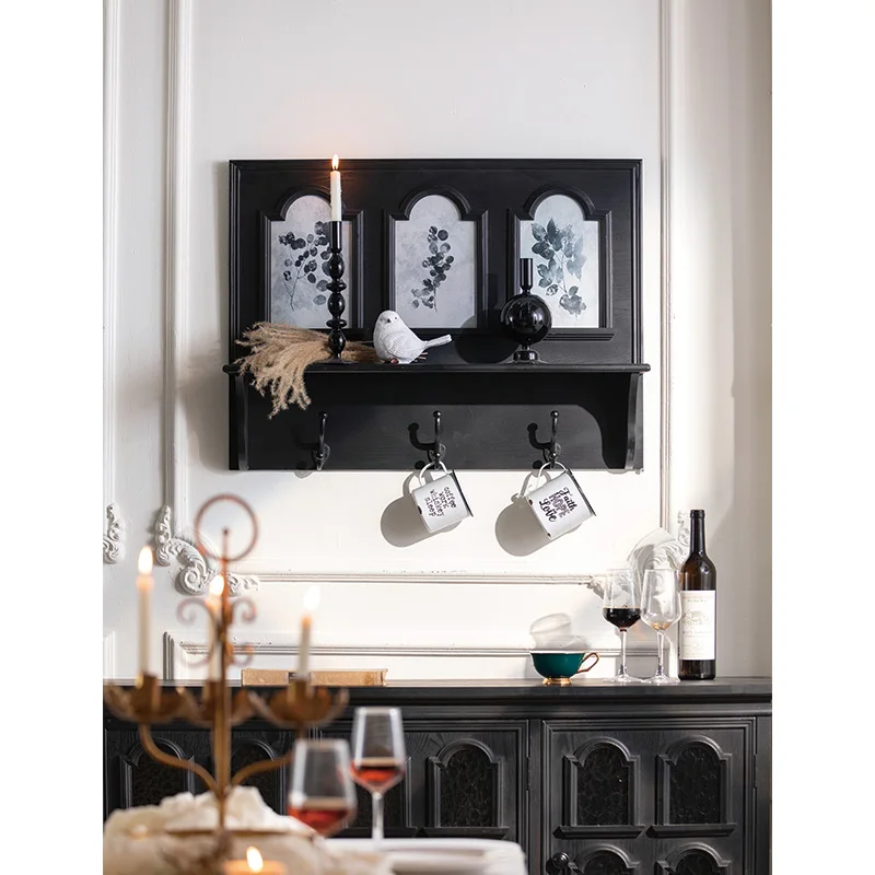 Wall Mounted Photo Frames, Black, Wooden Shelves With 3 Hooks, Kitchen Decor, 80*16.5*60cm