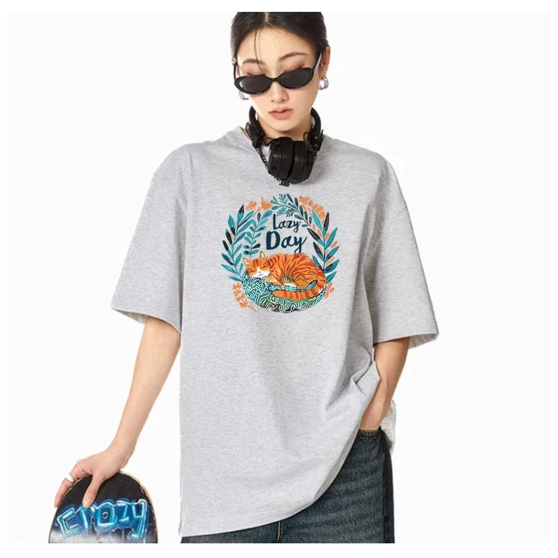 Animal Cartoon T-shirt Lazy Day Breathable Micro Stretch Short Sleeve Cat Cute Style Suitable For Party, Work Study