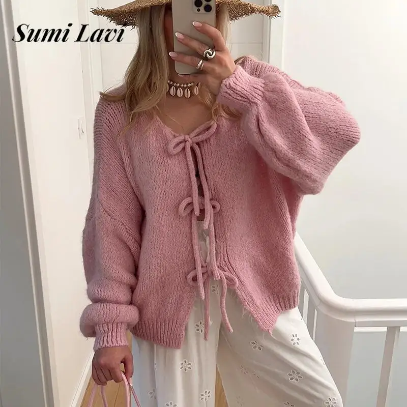 

Fashion Round Neck Long Sleeve Cardigan Autumn Winter Elegant Hollow Out Tie-Up Jumper Top Women Casual Solid Loose Sweater Coat