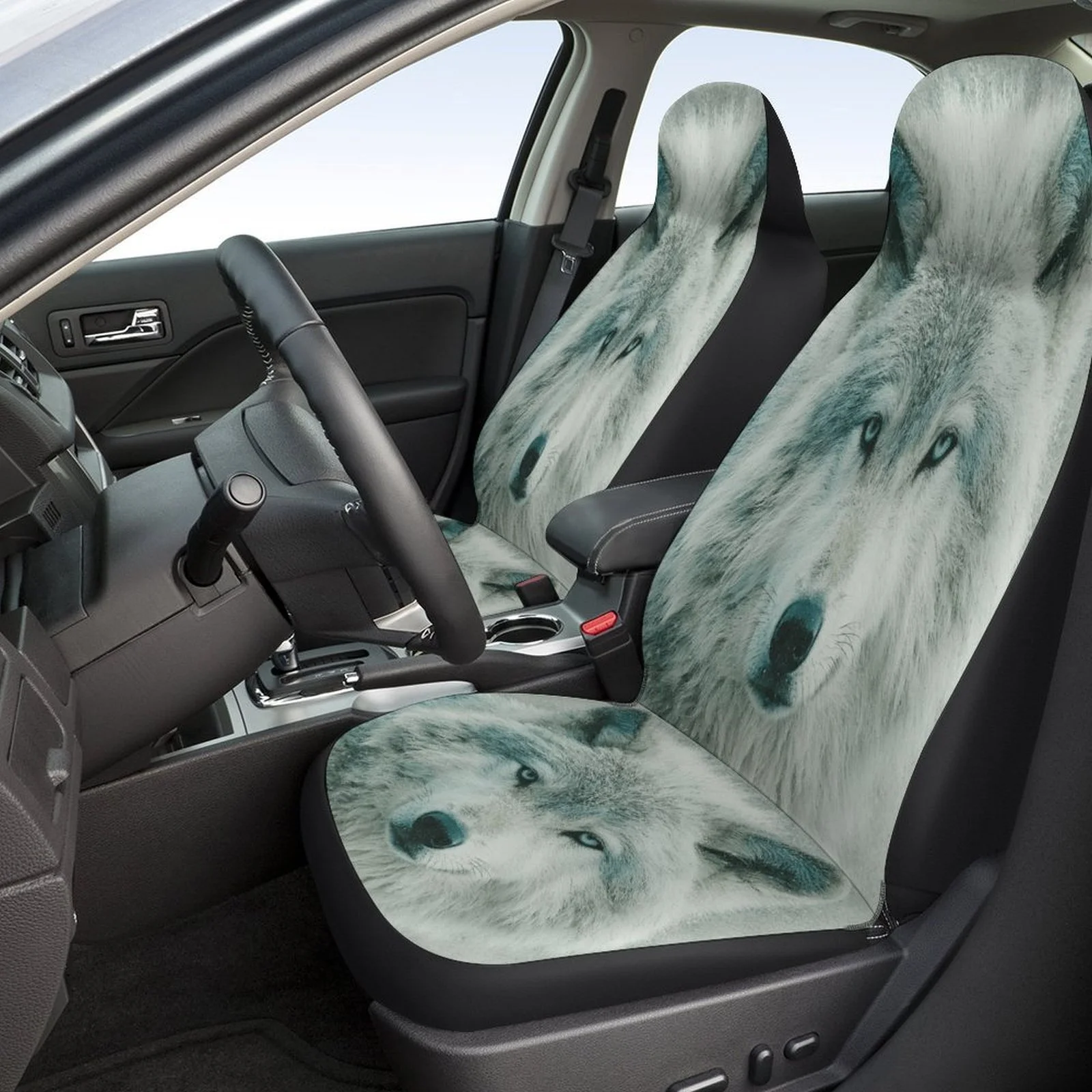 Arctic Wolf Portrait Car Seat Cover Set - High-Quality, Trendy Novelty Design For 2 Front & Rear Seats, Machine Washable, All-Se